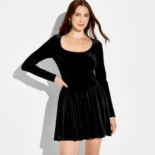 Women's Velvet Long Sleeve Mini A-Line Dress - Wild Fable Black L