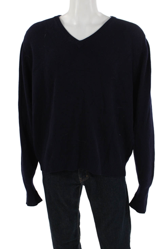 Saks Fifth Avenue Mens Cashmere V Neck Sweater Navy Blue Size Extra Large