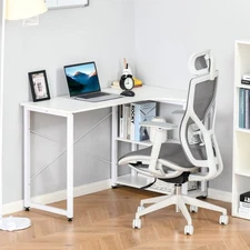 L-Shaped Wooden Writing Study Desk with 2 Side Shelves and Side Shelves, White