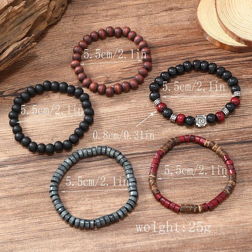 Herren Retro Kreuz Armband Set, schwarze Holzperlen & Kokosnuss Muschel Schmuck - Bild 9 von 24