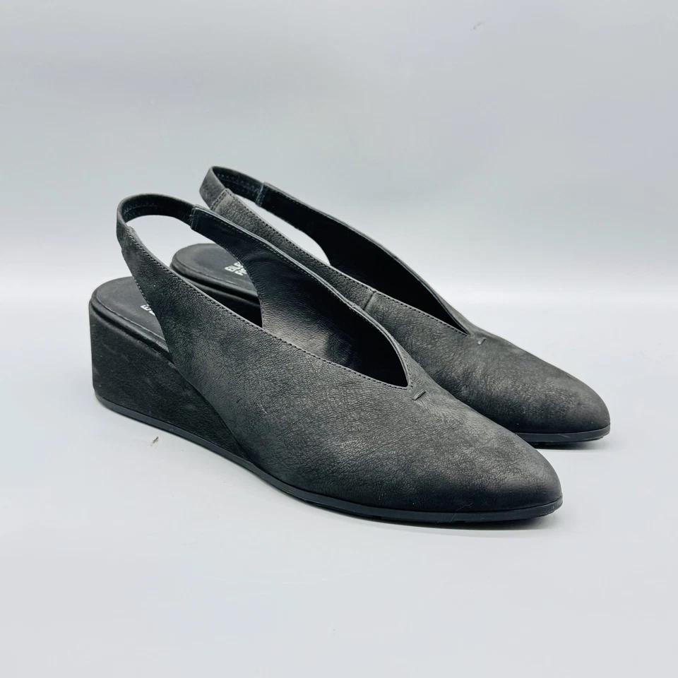 Eileen Fisher Shoes Womens 9 Black Nubuck Slingback Wedge Heel Pumps Closed Toe - Image 2 of 4