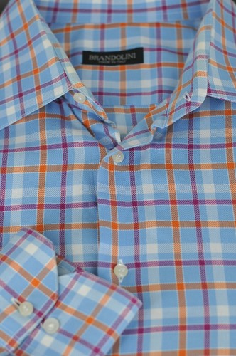 Brandolini Men's Blue Orange & Purple Check Luxury Cotton Dress Shirt 18.5 x 40 - Picture 1 of 3