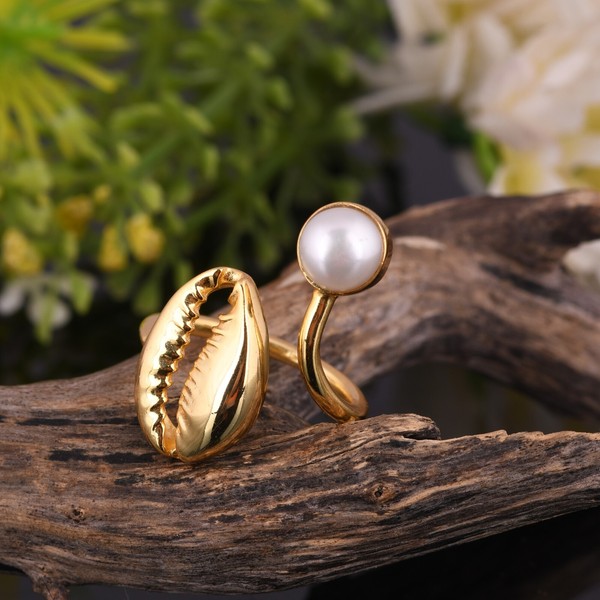Alternate view of Cowrie Craze Pearl Gemstone Sterling Silver Gold Plated Adjustable Ring Jewelry