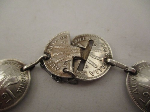 Vintage 1943 Real Silver Coin 7" Bracelet Australia New Guinea WW2 Trench Art - Picture 3 of 9
