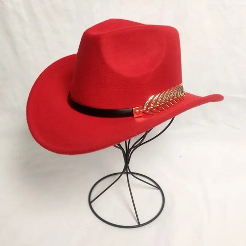 Red Western Cowboy Cowgirl Hat Felt Wide Brim Fedora with Gold Leaf Accent - Picture 2 of 8