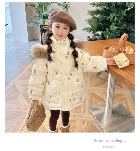 Kids Girl Embroidered Little Bear Coat Hooded Parka School Outwear Padded Jacket - Picture 19 of 44