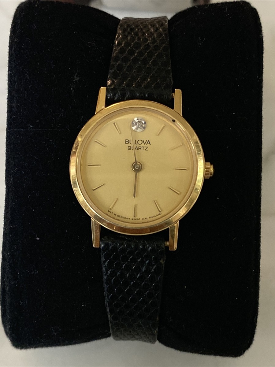 Bulova 512 -Germany Gold-Tone Black Leather Diamond Womens  display picture 3