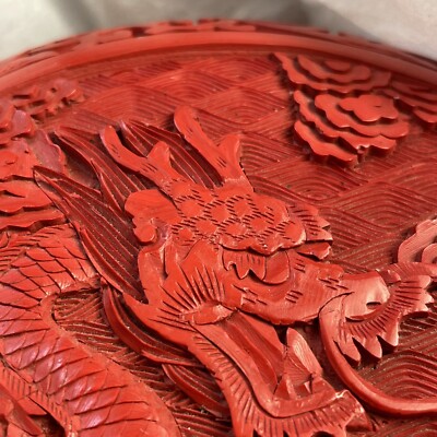 6 Inches In Diameter Red Chinese Carved Dragon Cinnabar Lacquer