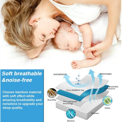 Cooling Bamboo Cotton Mattress Protector Noiseless Breathable Fitted Cover New - Picture 6 of 9