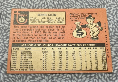 1969 Topps - #27 Bernie Allen ~ Washington Senators VG - Picture 2 of 2