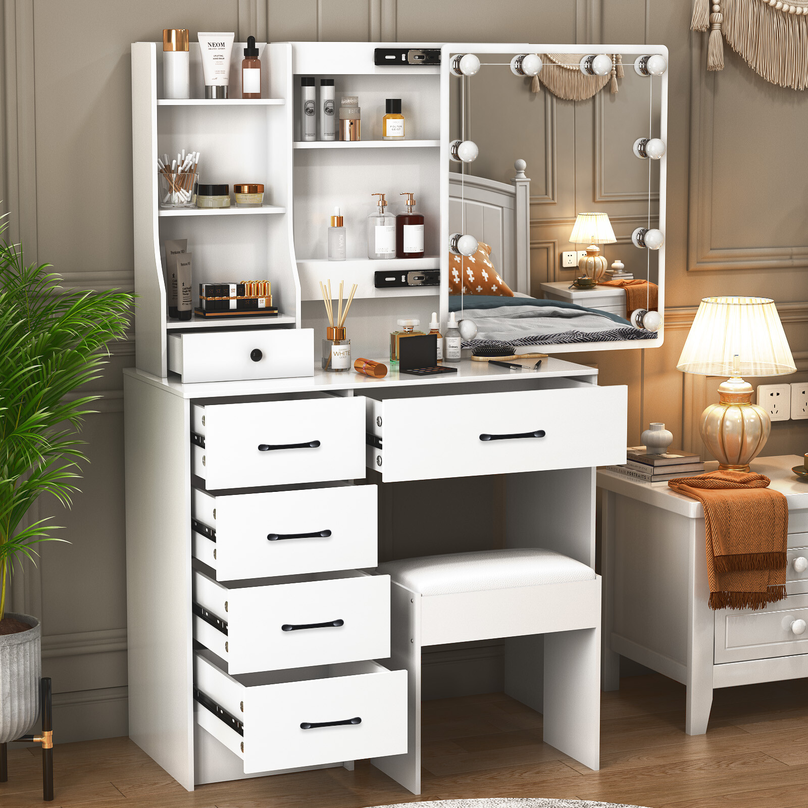 Vanity Desk with Mirror and 10 LED Lights, Dressing Table with 6 Drawers, White