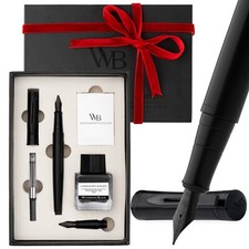 Fountain Pen Set, Gift Box, 25ML Bottle, 6 Inks, Medium, Spare Nib, All Black