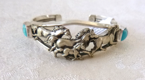 NWT Navajo Bobby Platero 925 Sterling Silver Running Horses Bracelet Turquoise