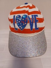 TEEN GLITTER BILL, EMBELLISHED Love BASEBALL CAP RED WHITE AND BLUE 4th of July