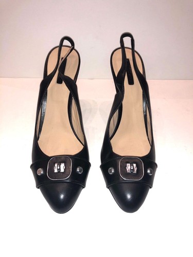 Longchamp Nero Pelle Roseau Punta Anteriore Turnlock Slingback Tacchi Italia Tg 41 - Foto 2 di 10
