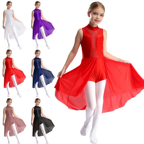 Kids Girls Dance Dress Sparkly Dancewear Rhinestone Dresses Mock Neck Flowy - Picture 4 of 63