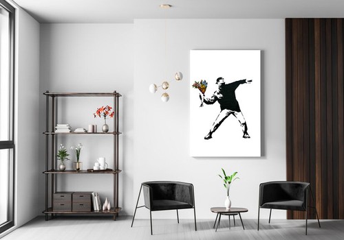BANKSY FLOWER BOMBER - TELA CON CORNICE PROFONDA STAMPA GRAFFITI ARTE- BIANCO NERO - Foto 2 di 17