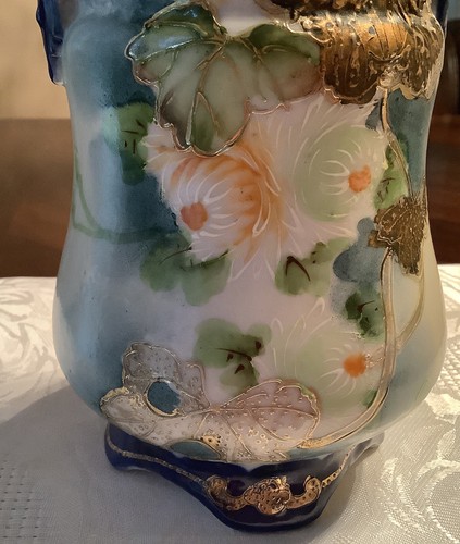 Jarrón floral adornado en oro pintado a mano sin marca jarrón de doble mango de nipón - Imagen 8 de 9