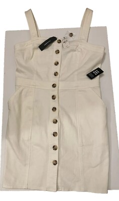 New Express Beige Denim Overall Dress Sz M Button Front Wide Straps Womens