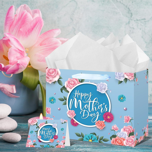 Mother'S Day Flower Gift Bags Blue and Pink Happy Mother'S Day Floral Gift Bag w - Picture 3 of 7