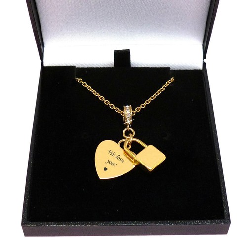 Personalised Gold Necklace with Engraving, Padlock & Heart Pendants, Crystals - Picture 5 of 24