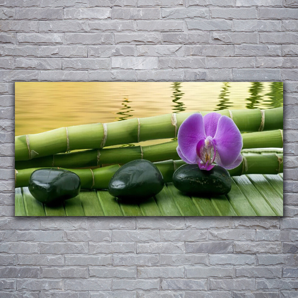 Tableau sur verre acrylique de dimensions 120x60 avec motif bambou galets fleurs