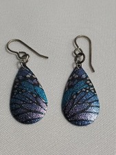 Painted Butterfly Wing Earrings Enameled pierced Hook Dangling Blues Purple