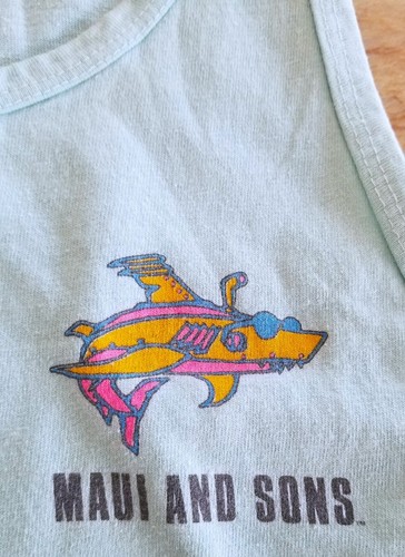 Vintage 90's MAUI And SONS 3 Sharks "neon colors" Tank Top ~ Sz M USAmade  Blue - Picture 4 of 6