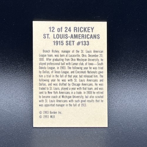 Branch Rickey 1993 Borden 1915 Cracker Jack #12 Of 24 St. Louis Browns - Picture 2 of 2