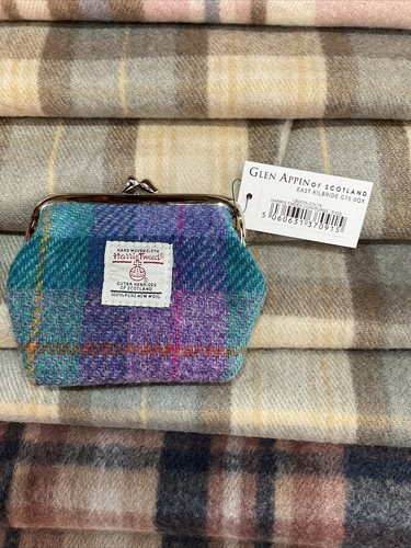 HARRIS TWEED GLEN APPIN EIGG SMALL CLASP COIN PURSE Turquoise Check LB2035 79 - Picture 1 of 3