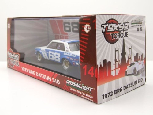 Datsun 510 BRE #68 1972 blu bianco Peter Gregg modellino auto 1:43 luce verde - Foto 9 di 9