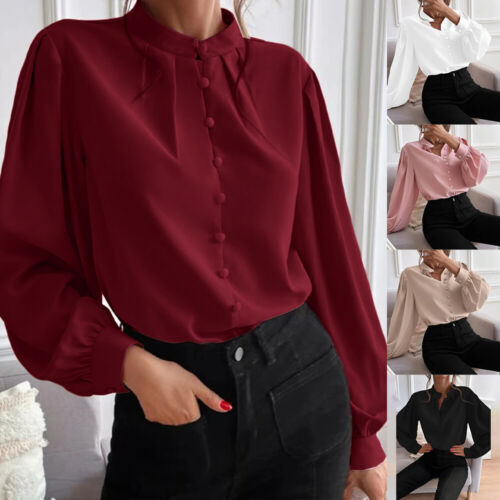 Womens Ladies OL Shirts Button Up Long Sleeve Casual Work Office Blouse Tops - Picture 2 of 23