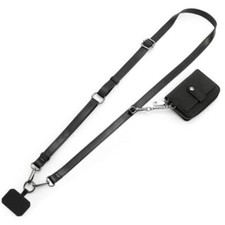Clip and Go Leather Phone Strap with Zipper Pouch- Stylish Crossbody Black