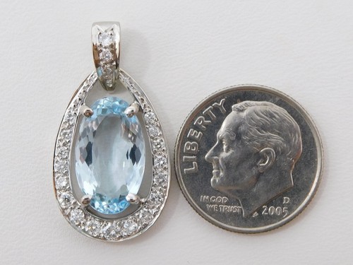 14 kt White Gold Oval Shaped Natural Aquamarine & Halo Diamond Pendant B6402 - Picture 6 of 6