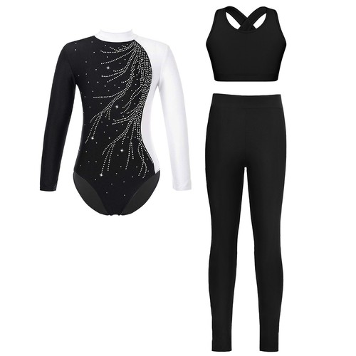 Kids Girls Suit Dance Set Leotard Outfit Unitard Activewear Shiny Mock Neck - Picture 25 of 32