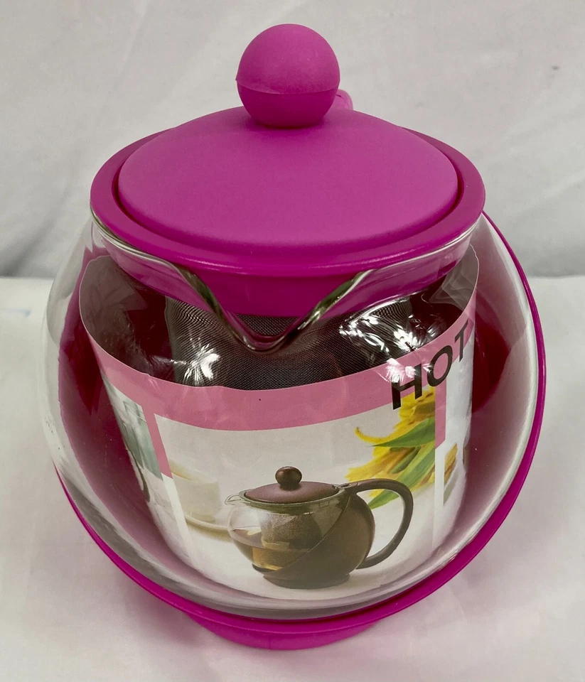 Tetera de vidrio rosa bola de té de plástico cesta extraíble ideas de servicio 20 OZ K6810 Foto 2 de 4
