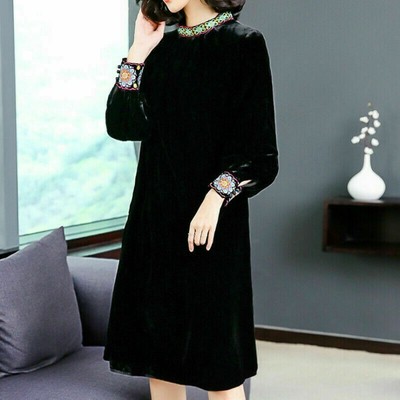 Damen Ethnisch Samtkleid Stickerei Chinesisch Vintage Schwarz Pleuche Boho