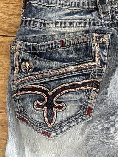 $220 Mens Rock Revival Jeans "Destin" Leather Inserts Straight 34 X 30 - Picture 10 of 11