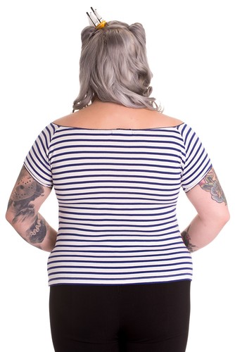 HELL BUNNY DOLLY TOP Nautical Stripes Wide V Neck Sailor Top  - Picture 3 of 3