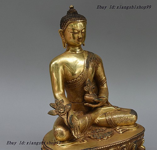 11" Tibet Buddhism fane Old Bronze Gilt Menla Medicine Buddha medical God Statue - Picture 8 of 12