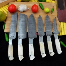 Handcrafted Damascus Screwhorn Chef Knife Set of 6 Including Leather Bag