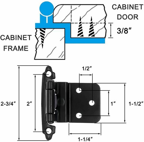 3/8 Inch Inset Cabinet Door Hinges Face Mount Self Closing Door Hinges Black USA - Picture 13 of 13