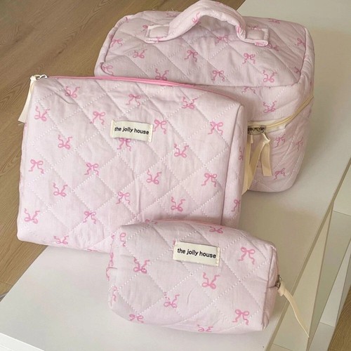 Cute Pink Quilted Makeup Bag - Travel Cosmetic Organizer Pouch with Zipper