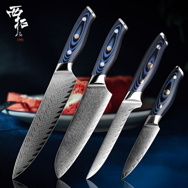 Full Tang Japanese Kitchen Knife Set VG10 Damascus Steel 67 Layers 4PCs