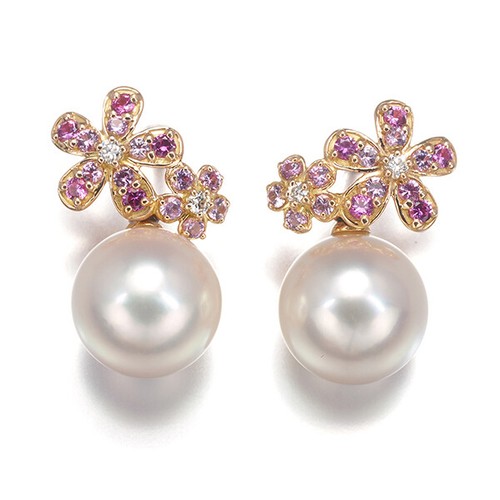 Auth Ponte Vecchio Earrings Pink Sapphire Diamond Akoya Pearl Flower 18K PG