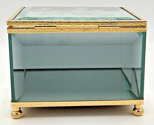 Crystal Glass Mirrored Jewelry Trinket Box Beveled Footed Etched Flower Embossed - Picture 3 of 18