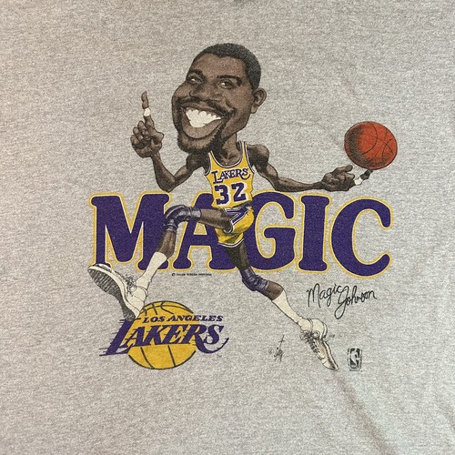 VINTAGE Los Angeles Lakers Shirt Adult XL Gray Magic Johnson Salem Charicature - Picture 2 of 10