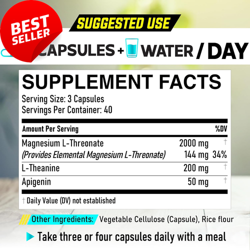 2250mg Magnesium L-Threonate, L-Theanine & Apigenin, 120 Capsules Supplement - Picture 2 of 12