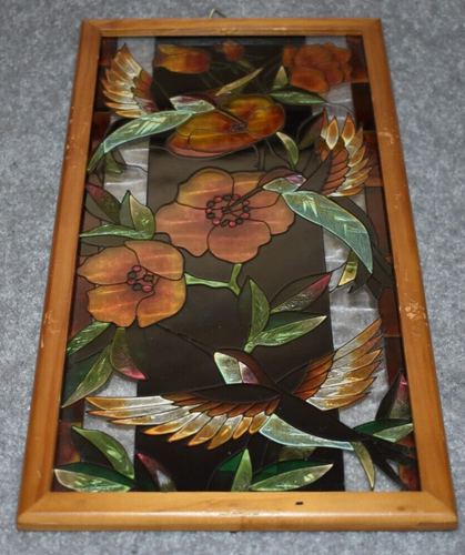 #9394 HUMMINGBIRDS AND FLOWERS HAND-PAINTED GLASS PLAQUE DECOR  12.5"X6.5" - Bild 1 von 4