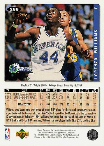 1994-95 Collector's Choice Mavericks #288 Lorenzo Williams - Picture 2 of 4